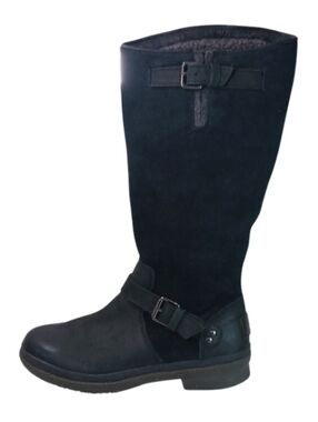 UGG Riding Women's Black Suede Half Zip Buckle Tall Wool Waterproof Boots